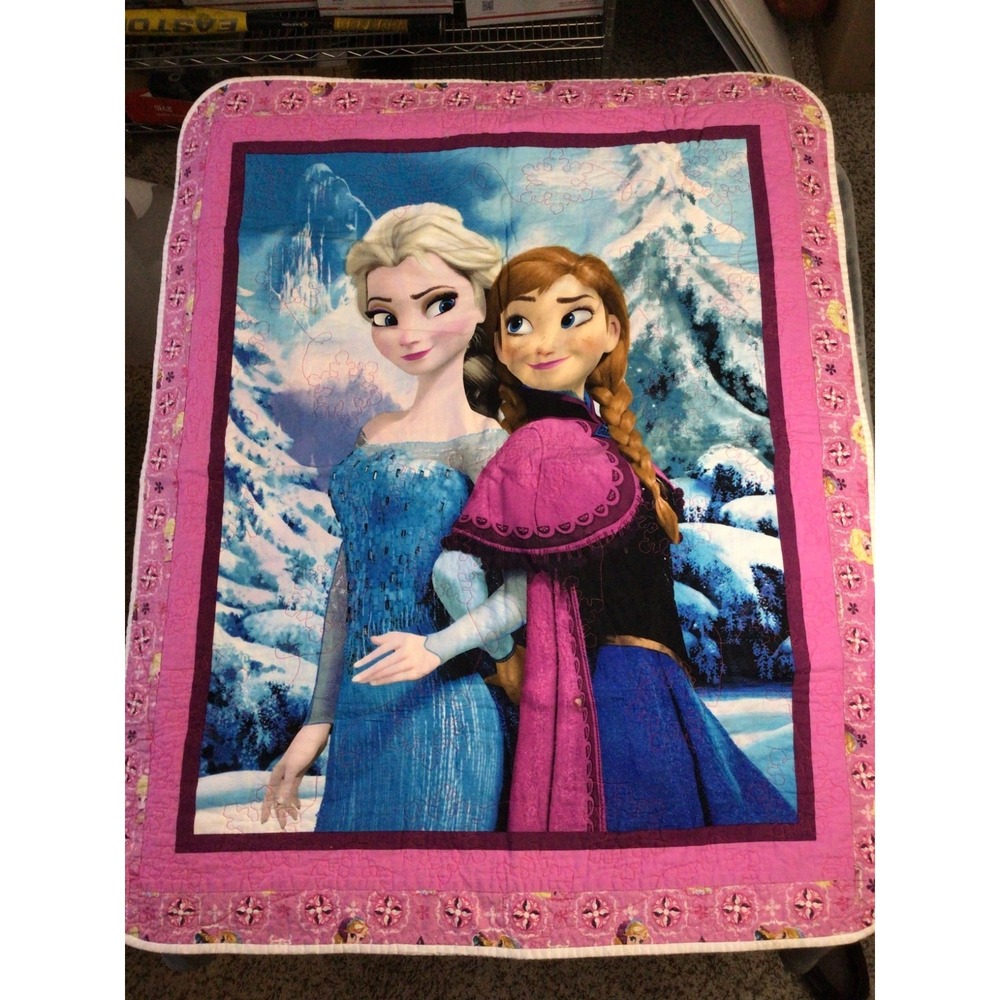 Disney Frozen Anna‎ Elsa Handmade Quilt Crib Blanket, Used. 36"x43"  see pics